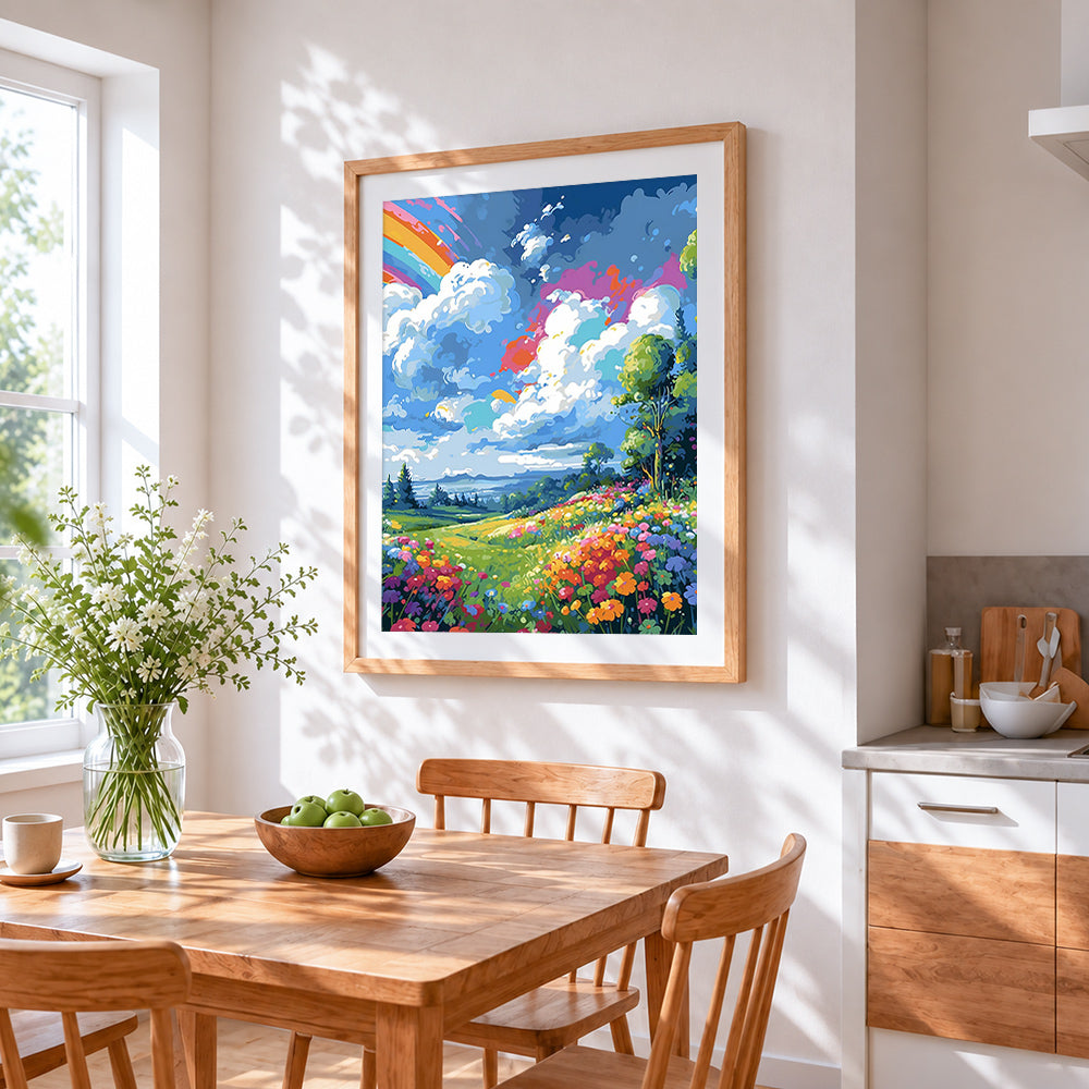Vibrant rainbow landscape cross stitch artwork displayed on wall as home decor