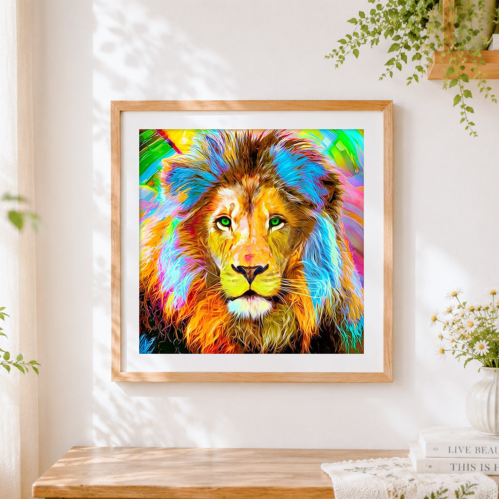 Finished vibrant rainbow lion with green eyes cross stitch artwork displayed
