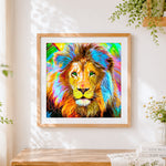 Finished vibrant rainbow lion with green eyes paint by numbers artwork displayed as home decor