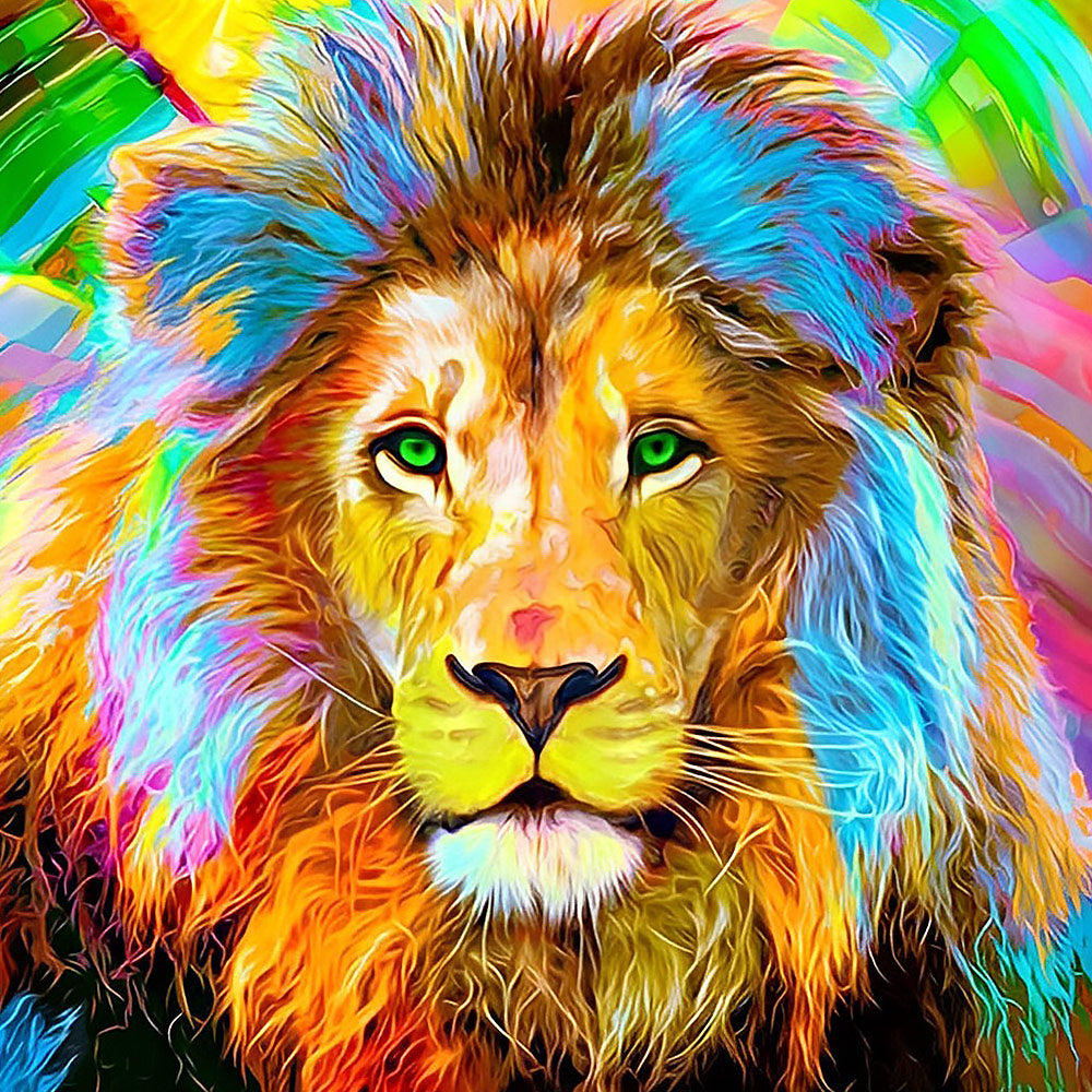 Vibrant rainbow lion with green eyes paint by numbers kit for beginners
