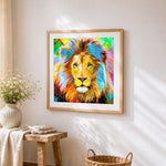 Vibrant rainbow lion with green eyes paint by numbers artwork displayed on wall as home decor