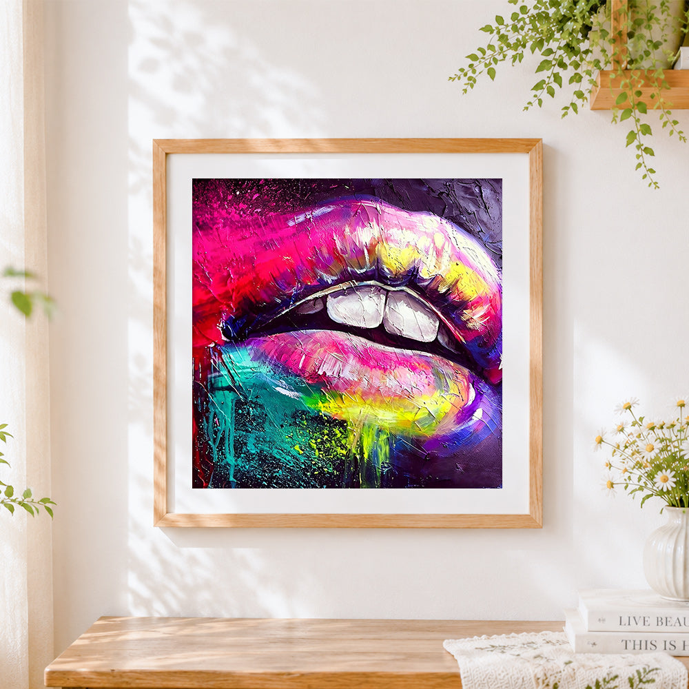 Finished vibrant rainbow lips cross stitch artwork displayed