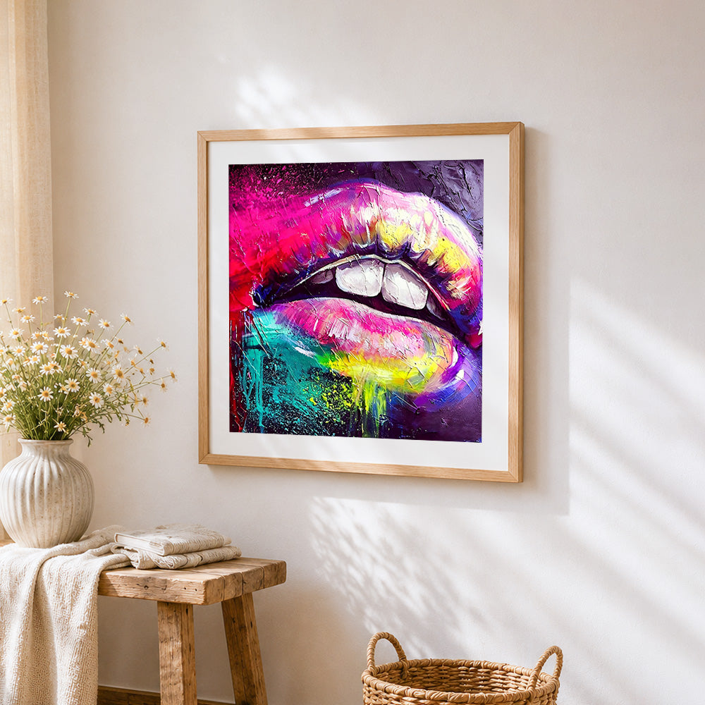 Vibrant rainbow lips cross stitch artwork displayed on wall as home decor