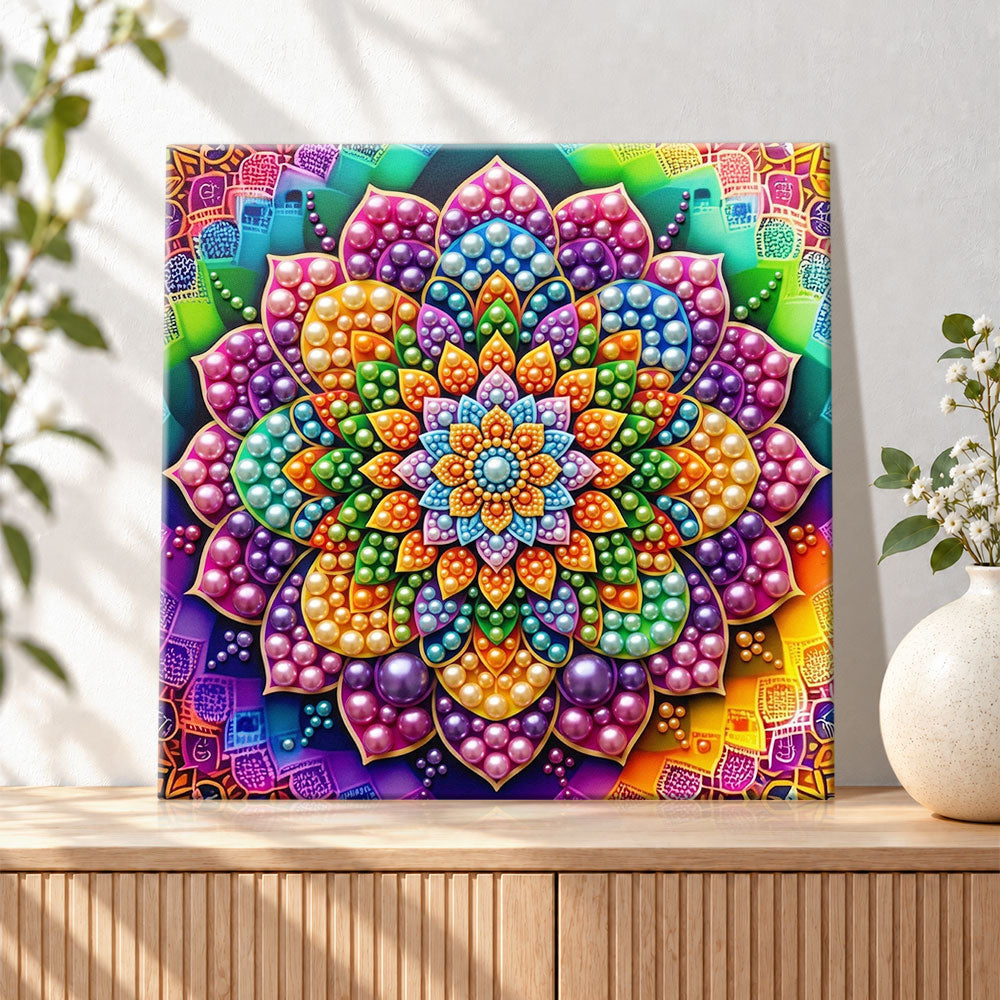 Finished vibrant rainbow mandala pearl diamond painting artwork displayed as holiday home decor
