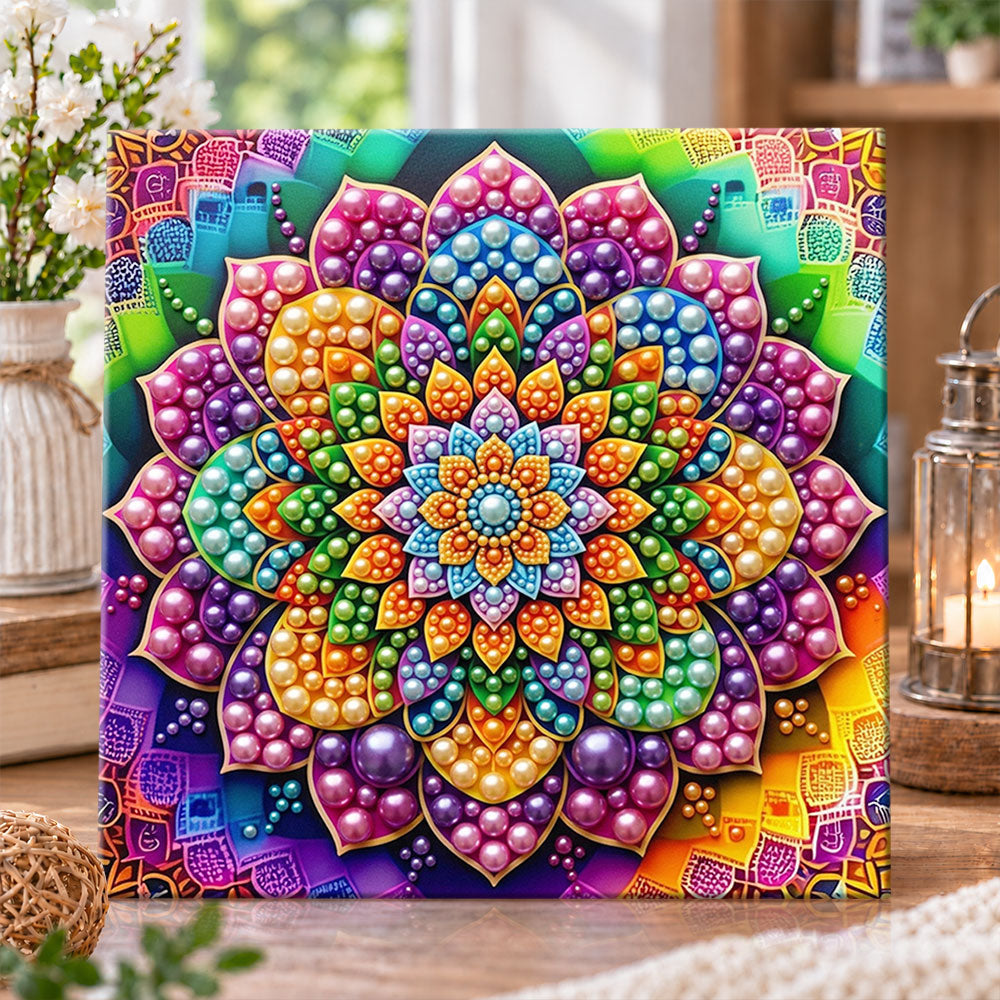 Vibrant rainbow mandala pearl diamond painting kit for beginners