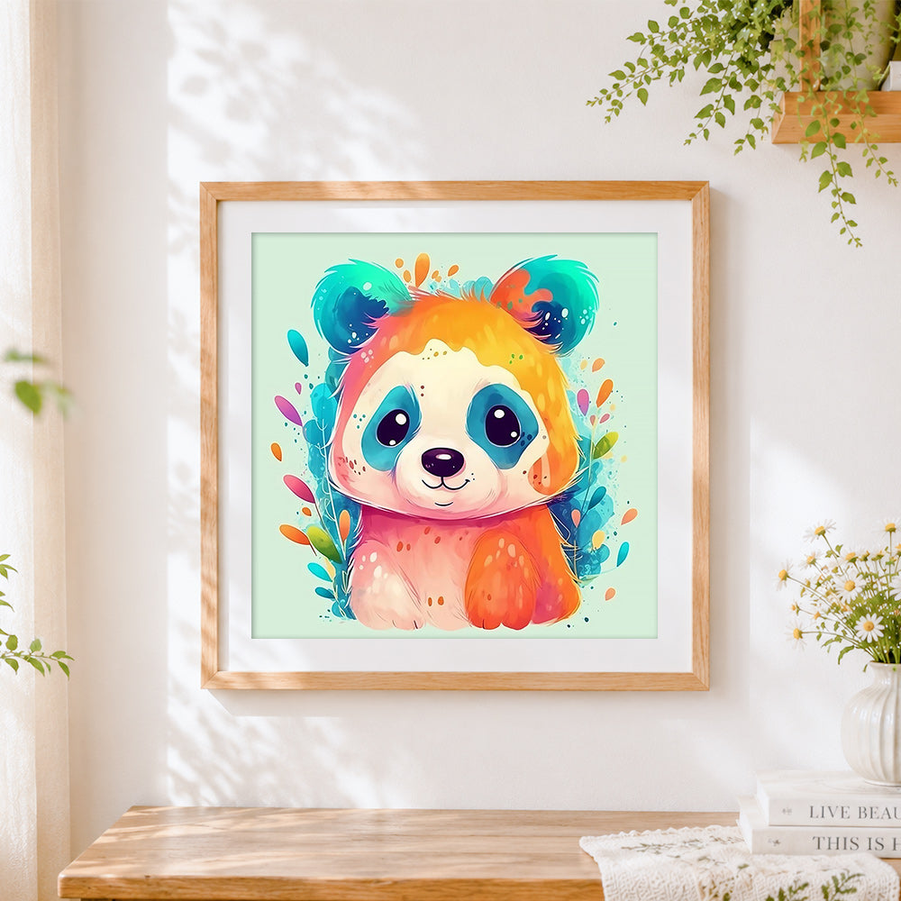 Finished vibrant rainbow panda cross stitch artwork displayed