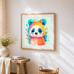 Vibrant rainbow panda cross stitch artwork displayed on wall as home decor