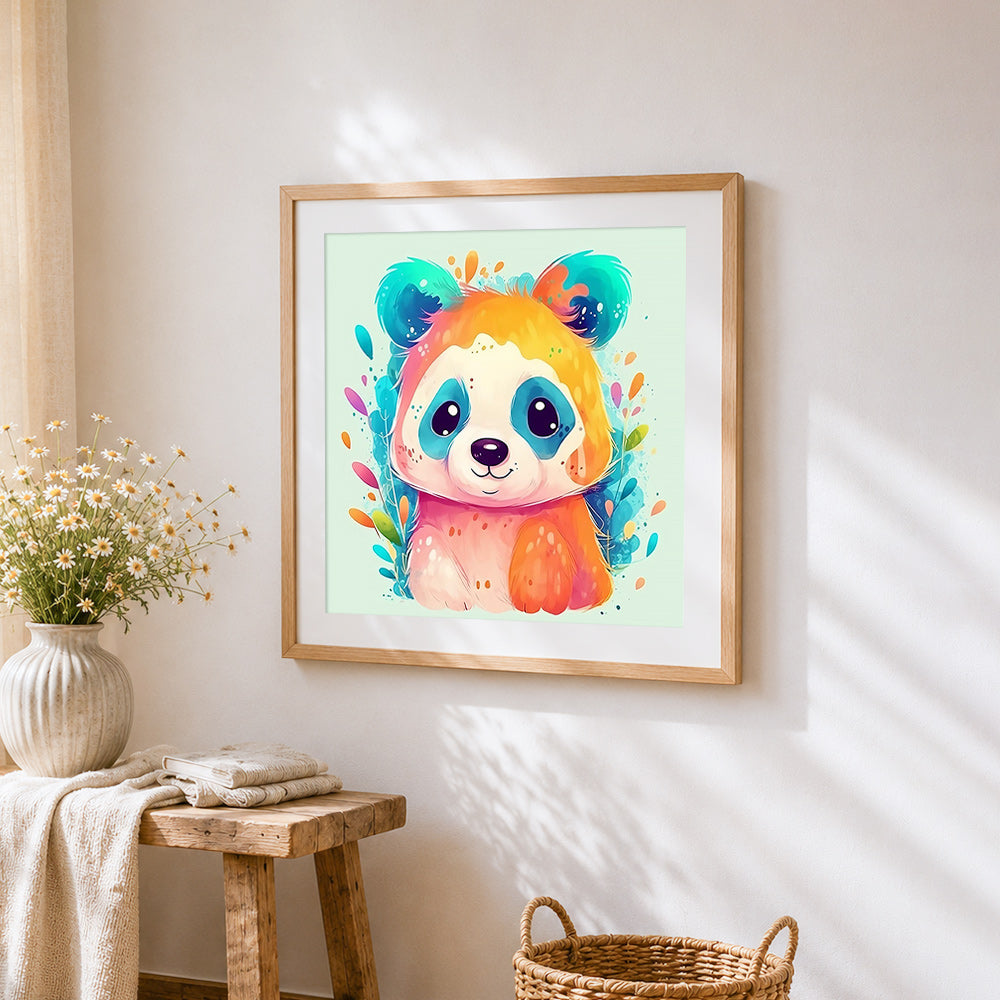 Vibrant rainbow panda cross stitch artwork displayed on wall as home decor