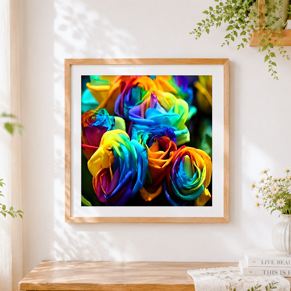 Finished vibrant rainbow rose bouquet cross stitch artwork displayed