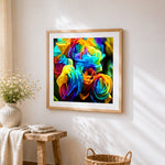 Vibrant rainbow rose bouquet cross stitch artwork displayed on wall as home decor