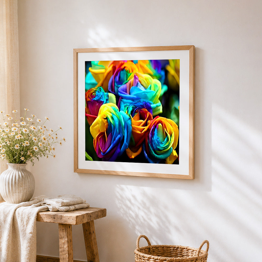 Vibrant rainbow rose bouquet paint by numbers artwork displayed on wall as home decor