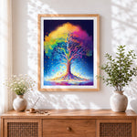 Finished vibrant rainbow tree of life cross stitch artwork displayed