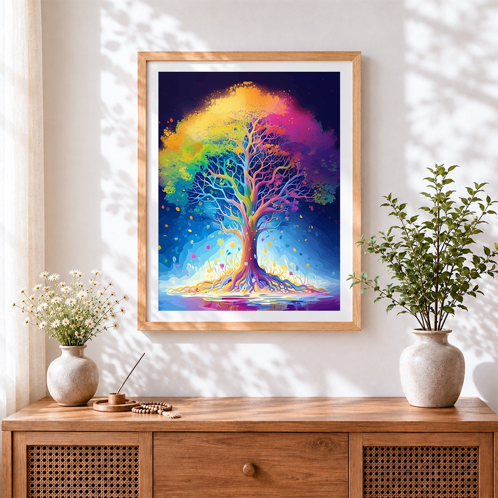 Finished vibrant rainbow tree of life paint by numbers artwork displayed as home decor