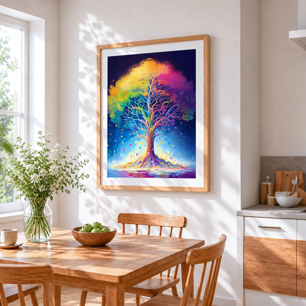 Vibrant rainbow tree of life paint by numbers artwork displayed on wall as home decor