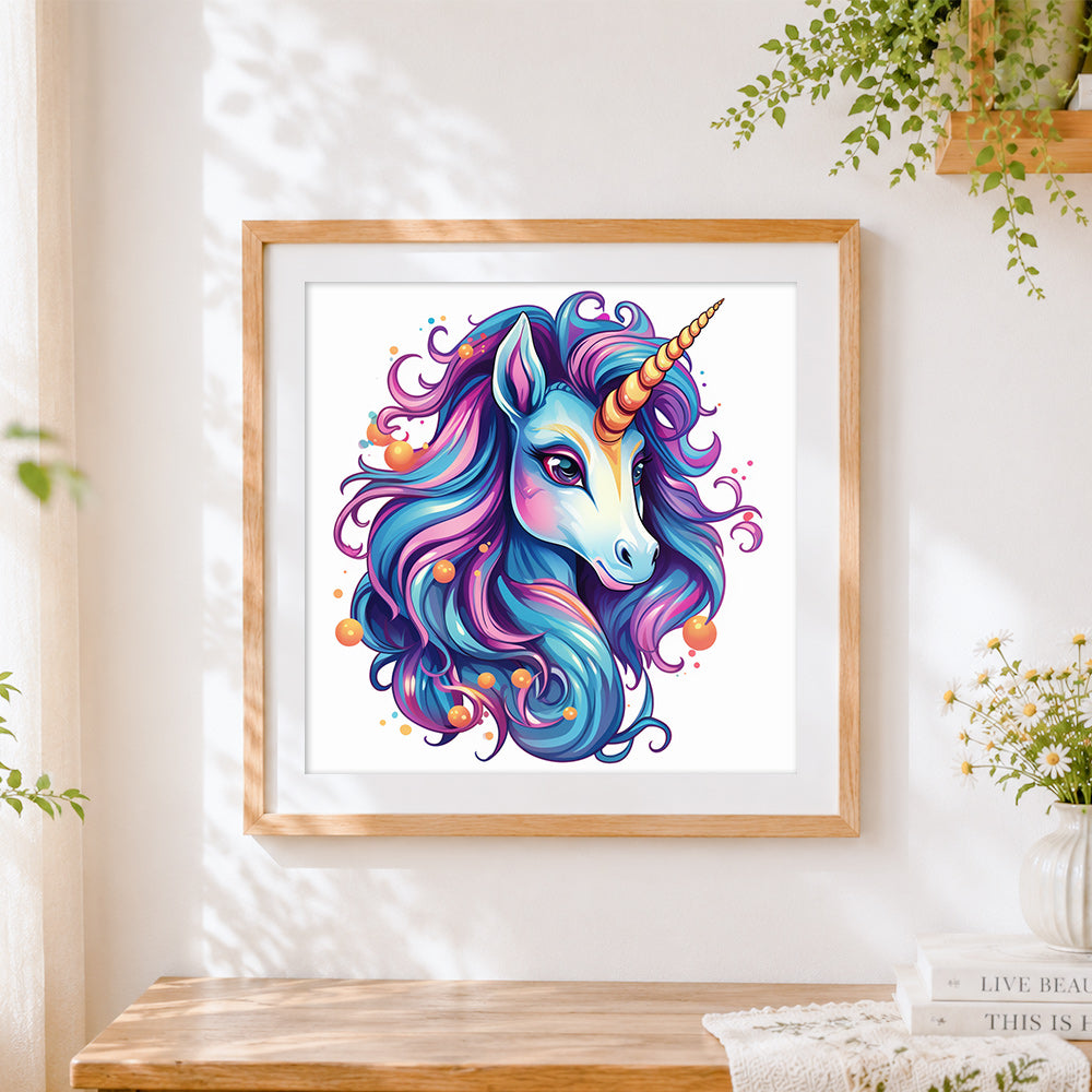 Finished vibrant rainbow unicorn portrait cross stitch artwork displayed