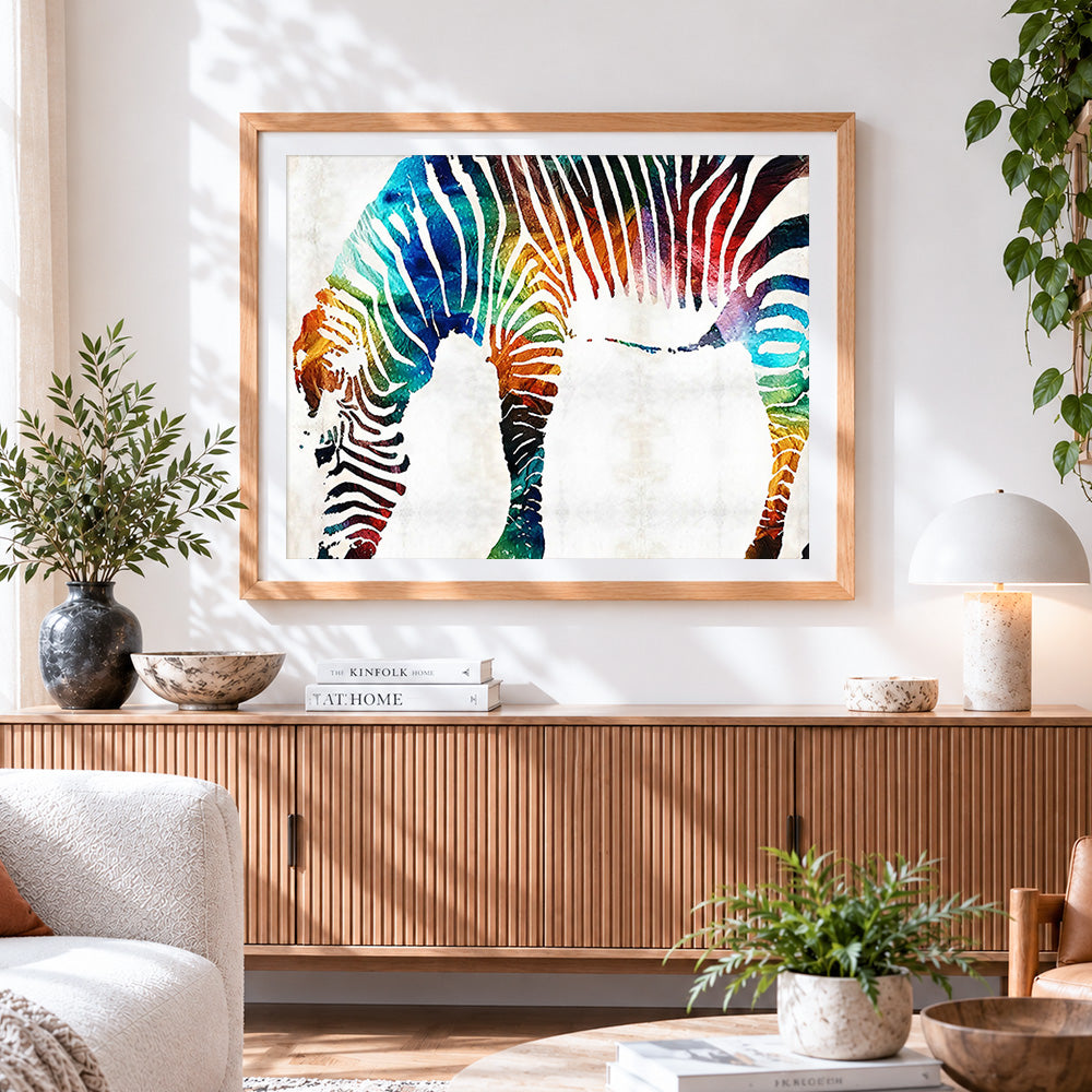 Finished vibrant rainbow watercolour zebra cross stitch artwork displayed