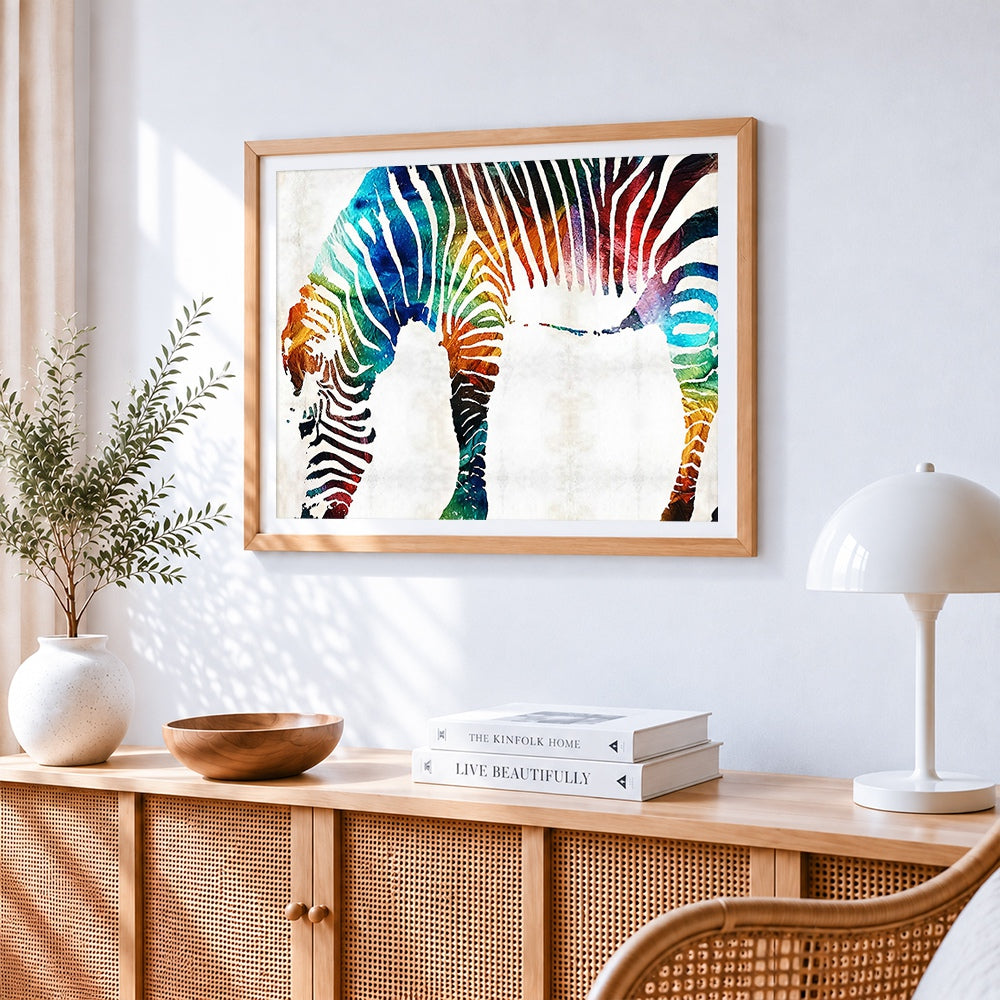 Vibrant rainbow watercolour zebra cross stitch artwork displayed on wall as home decor