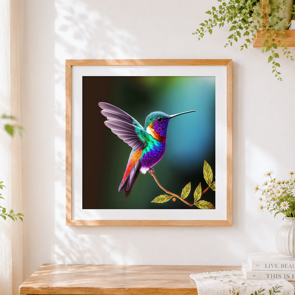 Finished vibrant realistic hummingbird cross stitch artwork displayed