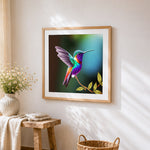 Vibrant realistic hummingbird cross stitch artwork displayed on wall as home decor