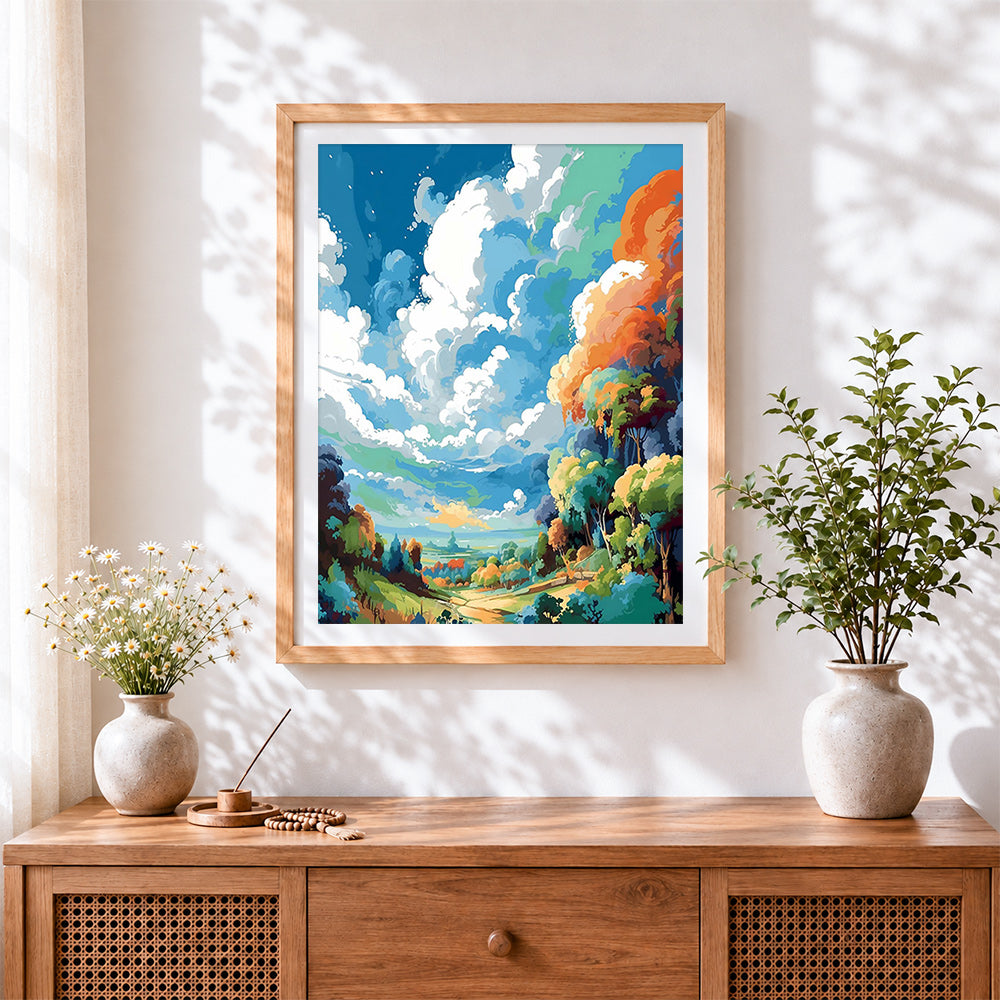 Finished vibrant rolling hills and cloudy sky cross stitch artwork displayed
