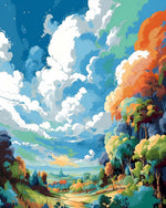 Vibrant rolling hills and cloudy sky cross stitch kit for beginners