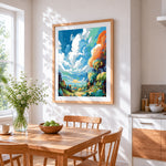 Vibrant rolling hills and cloudy sky cross stitch artwork displayed on wall as home decor