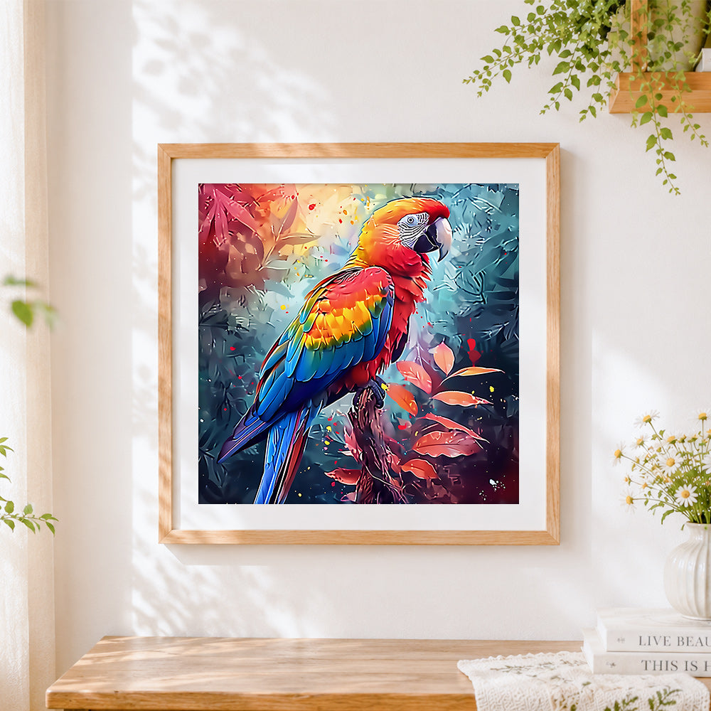 Finished vibrant scarlet macaw cross stitch artwork displayed