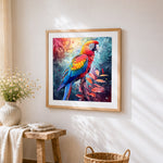 Vibrant scarlet macaw cross stitch artwork displayed on wall as home decor