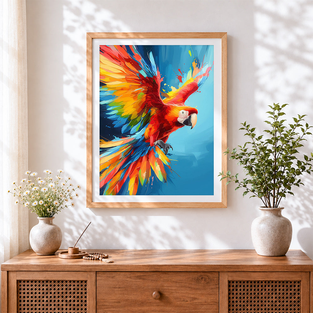 Finished vibrant scarlet macaw in flight cross stitch artwork displayed