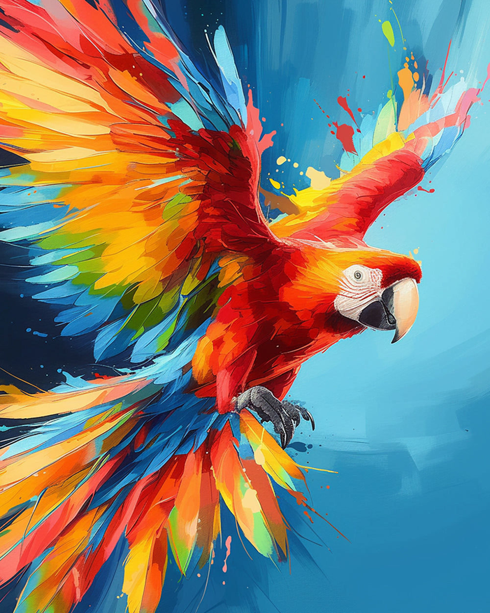 Vibrant scarlet macaw in flight cross stitch kit for beginners