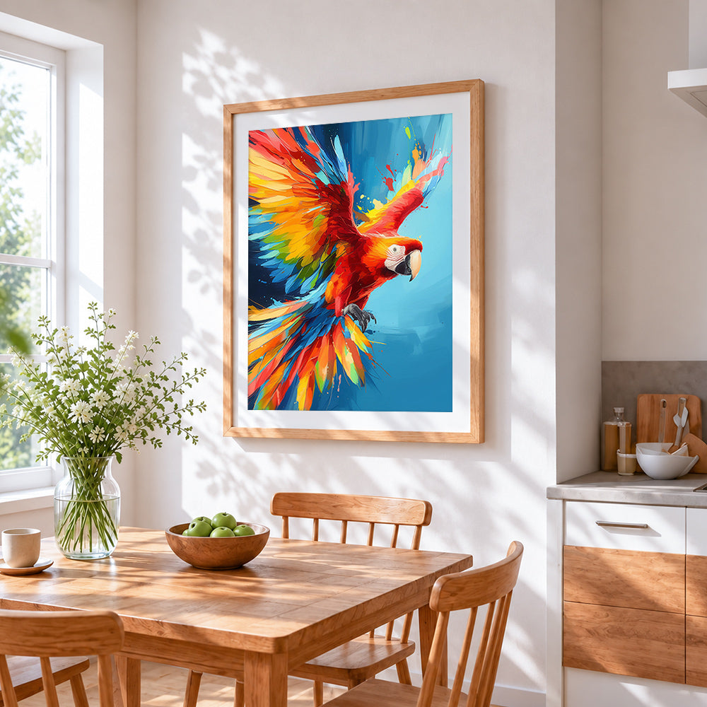 Vibrant scarlet macaw in flight cross stitch artwork displayed on wall as home decor