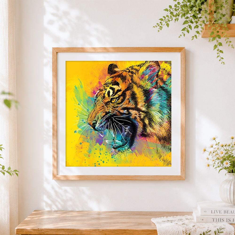 Finished vibrant splatter art roaring tiger cross stitch artwork displayed
