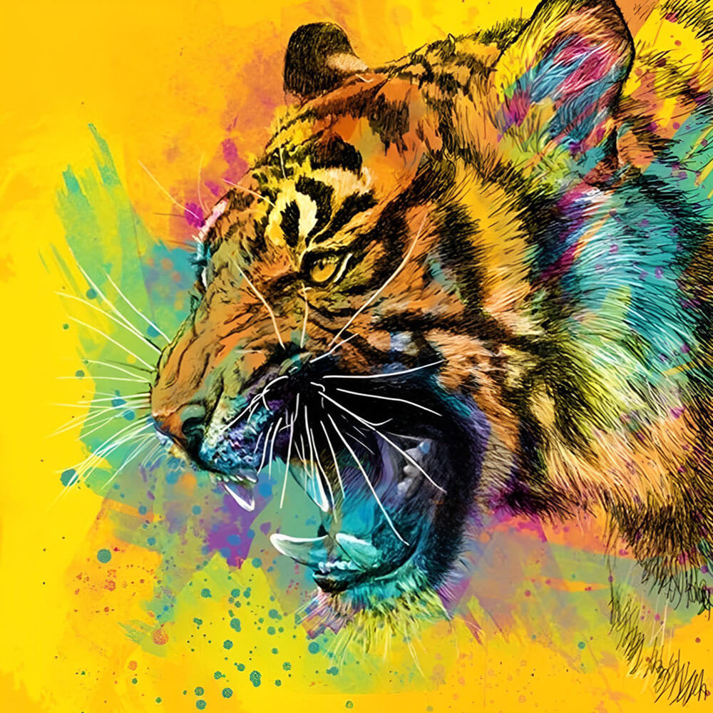 Vibrant splatter art roaring tiger cross stitch kit for beginners