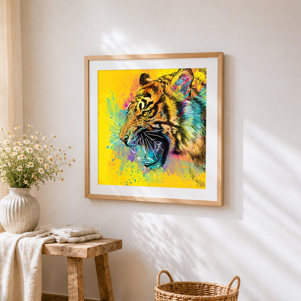 Vibrant splatter art roaring tiger cross stitch artwork displayed on wall as home decor