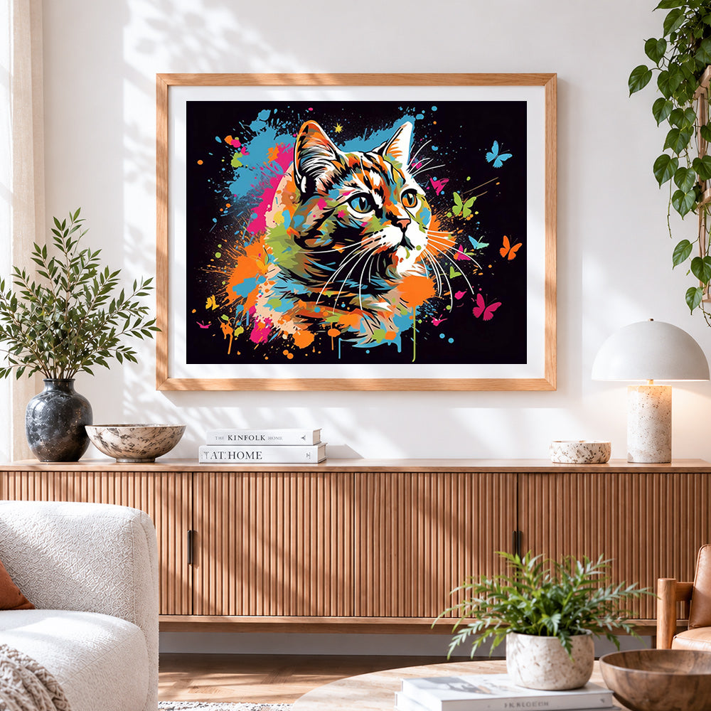 Finished vibrant splatter cat with butterflies cross stitch artwork displayed
