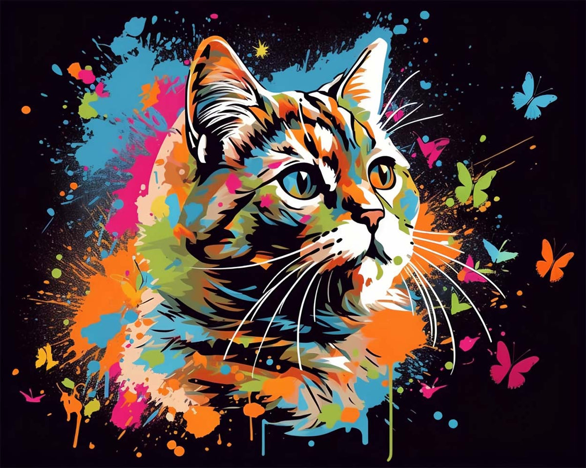 Vibrant splatter cat with butterflies cross stitch kit for beginners