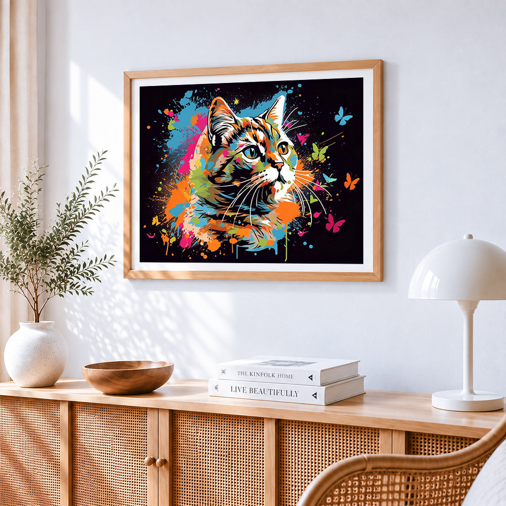 Vibrant splatter cat with butterflies paint by numbers artwork displayed on wall as home decor
