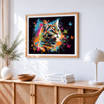 Vibrant splatter cat with butterflies paint by numbers artwork displayed on wall as home decor