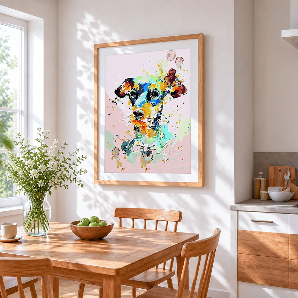 Vibrant splatter jack russell terrier cross stitch artwork displayed on wall as home decor