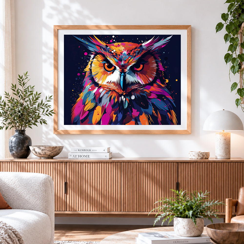 Finished vibrant splatter owl cross stitch artwork displayed