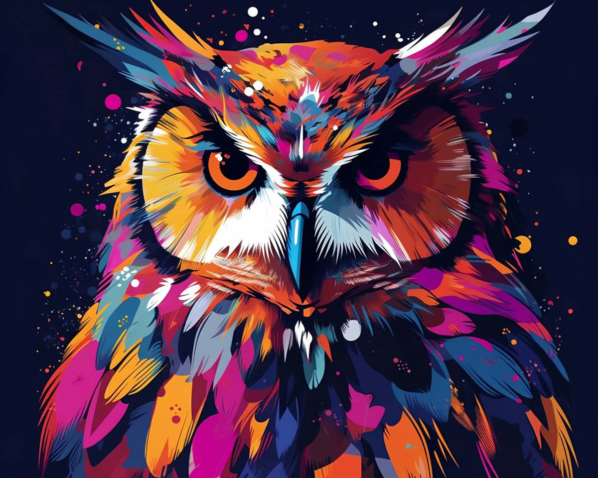 Vibrant splatter owl cross stitch kit for beginners