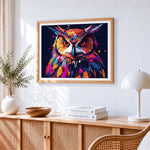 Vibrant splatter owl paint by numbers artwork displayed on wall as home decor