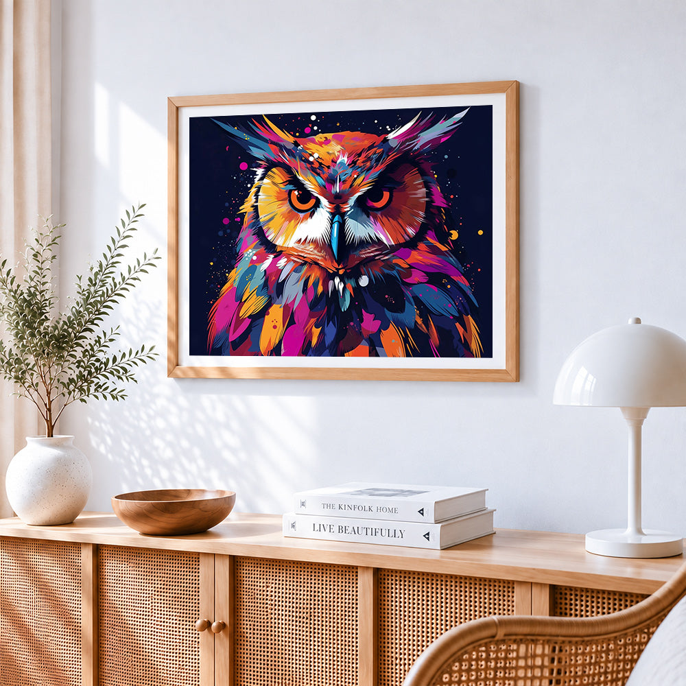 Vibrant splatter owl paint by numbers artwork displayed on wall as home decor