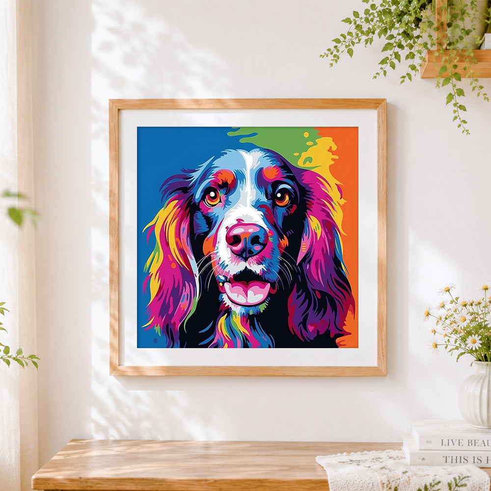 Finished vibrant splatter spaniel cross stitch artwork displayed