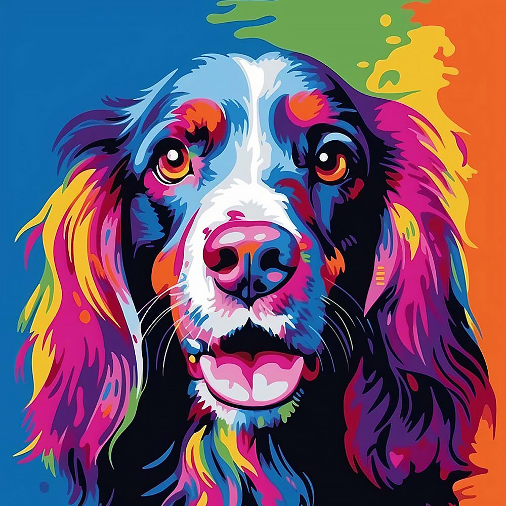 Vibrant splatter spaniel cross stitch kit for beginners