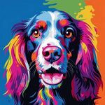 Vibrant splatter spaniel cross stitch kit for beginners