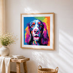 Vibrant splatter spaniel cross stitch artwork displayed on wall as home decor