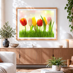 Finished vibrant spring tulips cross stitch artwork displayed