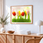 Vibrant spring tulips cross stitch artwork displayed on wall as home decor