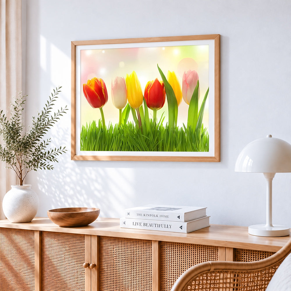 Vibrant spring tulips cross stitch artwork displayed on wall as home decor